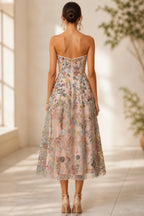 Romantic A-Line Sweetheart Strapless Zipper-Back Midi Wedding Guest Dress