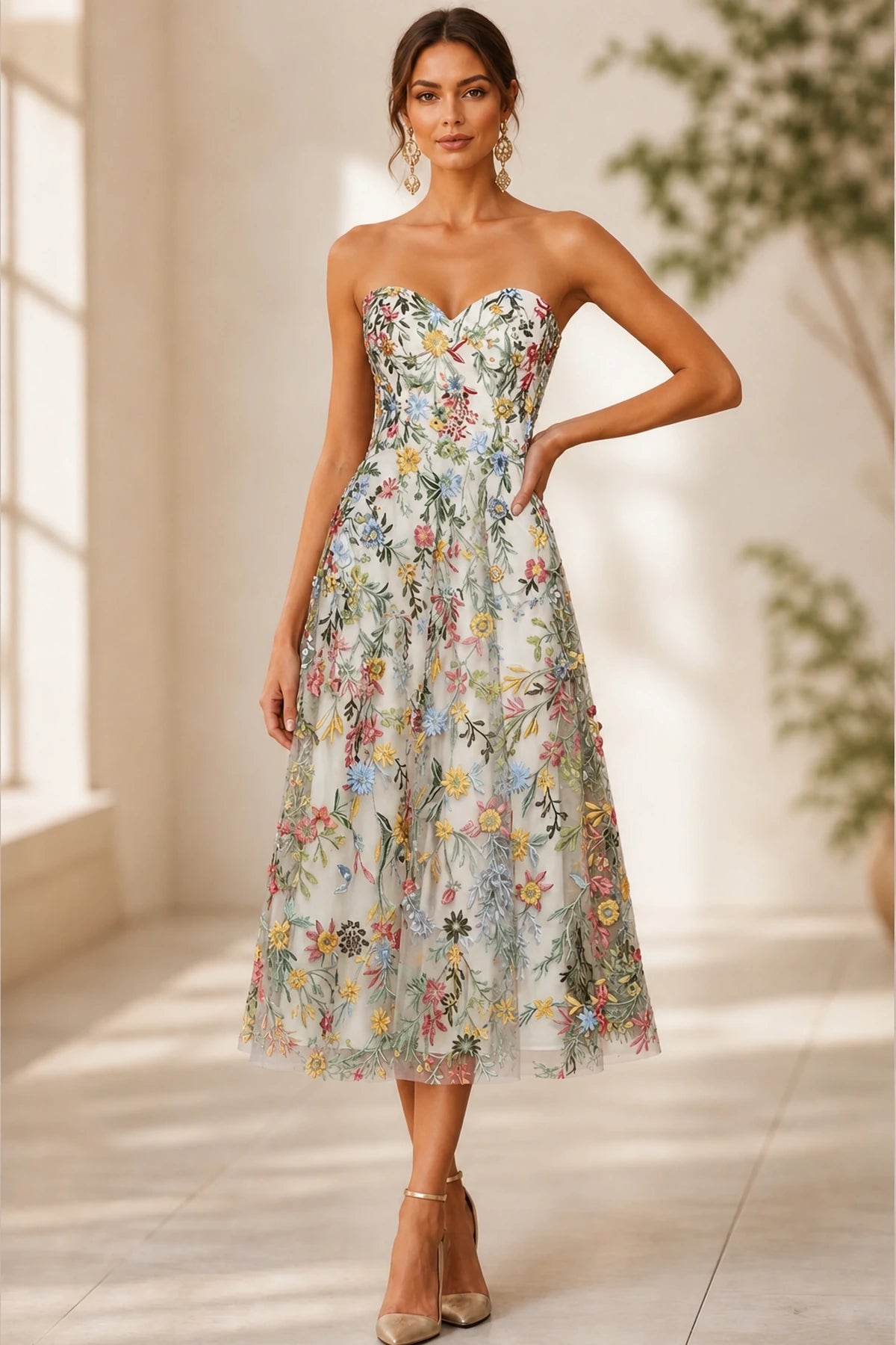 Romantic A-Line Sweetheart Strapless Zipper-Back Midi Wedding Guest Dress