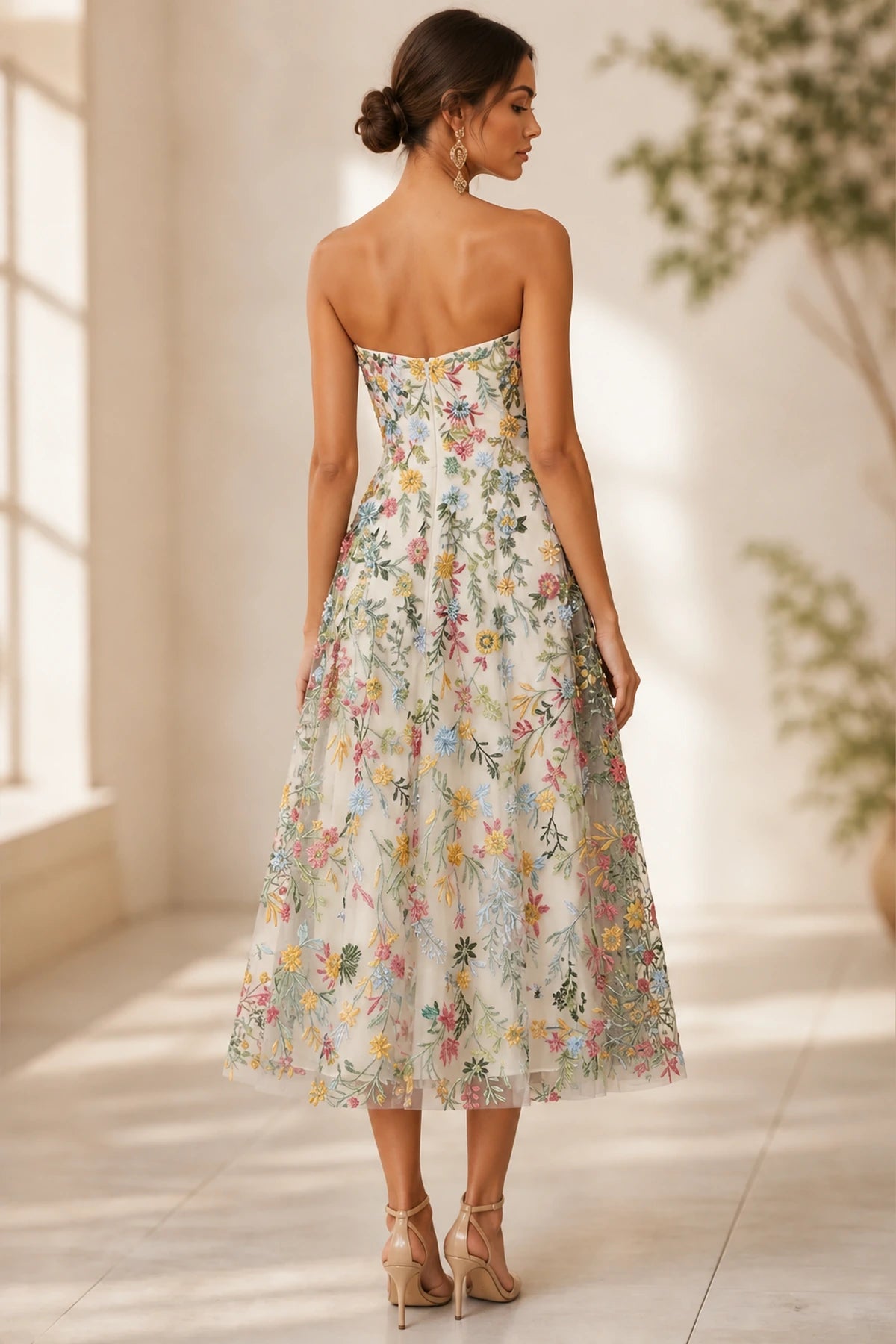 Romantic A-Line Sweetheart Strapless Zipper-Back Midi Wedding Guest Dress