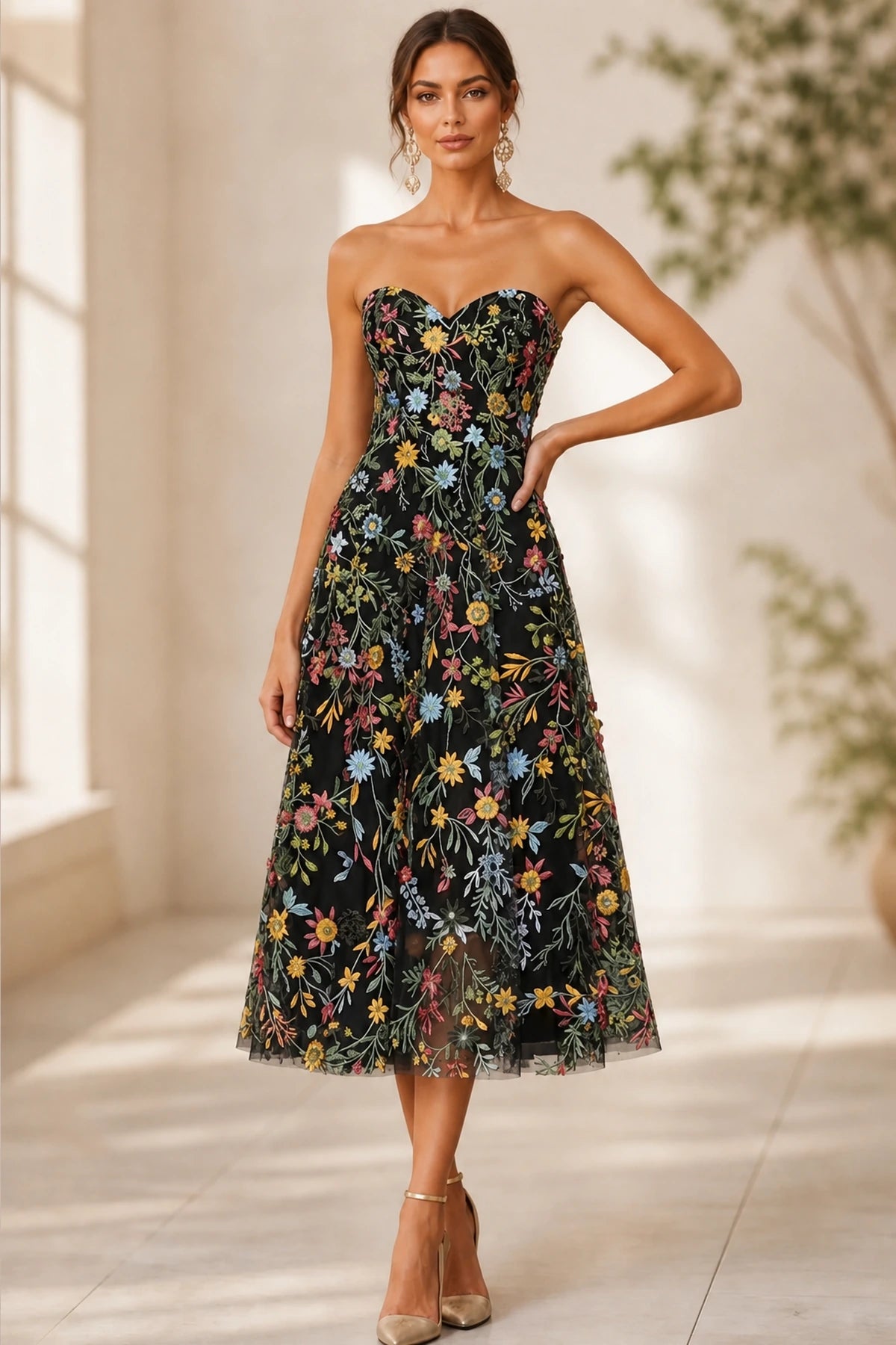 Romantic A-Line Sweetheart Strapless Zipper-Back Midi Wedding Guest Dress