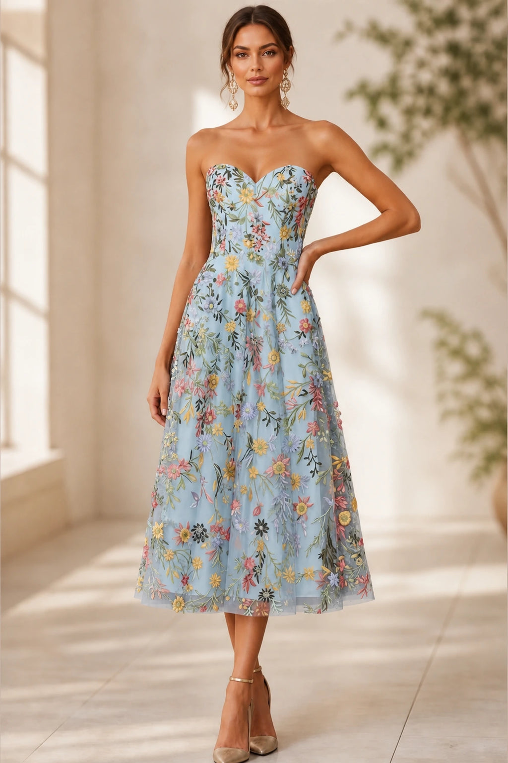 Romantic A-Line Sweetheart Strapless Zipper-Back Midi Wedding Guest Dress