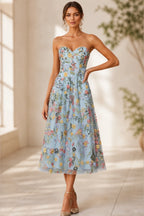 Romantic A-Line Sweetheart Strapless Zipper-Back Midi Wedding Guest Dress