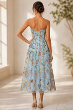 Romantic A-Line Sweetheart Strapless Zipper-Back Midi Wedding Guest Dress