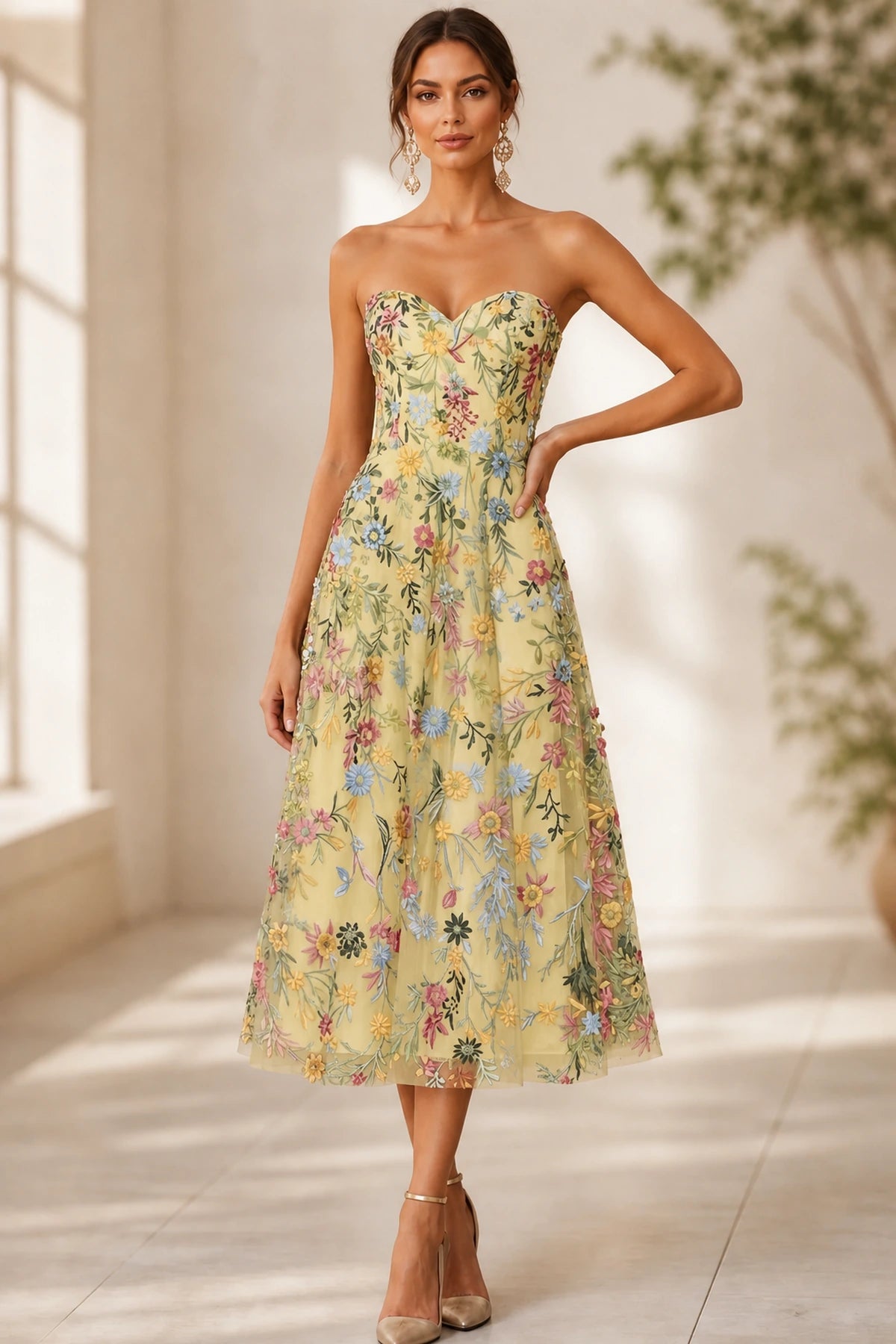 Romantic A-Line Sweetheart Strapless Zipper-Back Midi Wedding Guest Dress