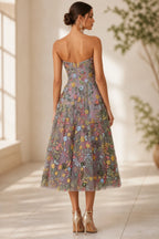 Back view of dusty mauve floral embroidered A-line midi wedding guest dress with zipper by GraceProm