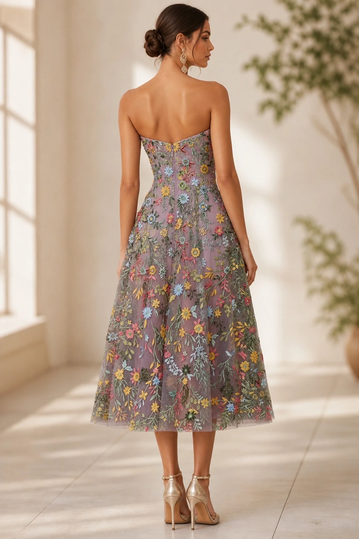 Back view of dusty mauve floral embroidered A-line midi wedding guest dress with zipper by GraceProm