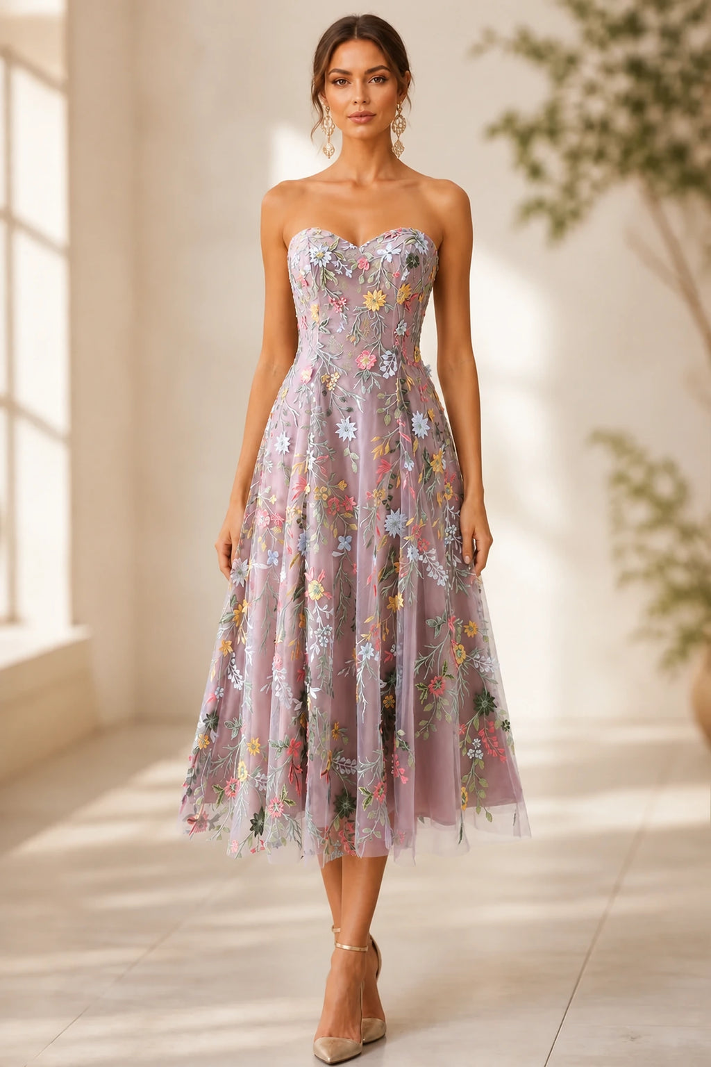 Romantic A-Line Sweetheart Strapless Zipper-Back Midi Wedding Guest Dress