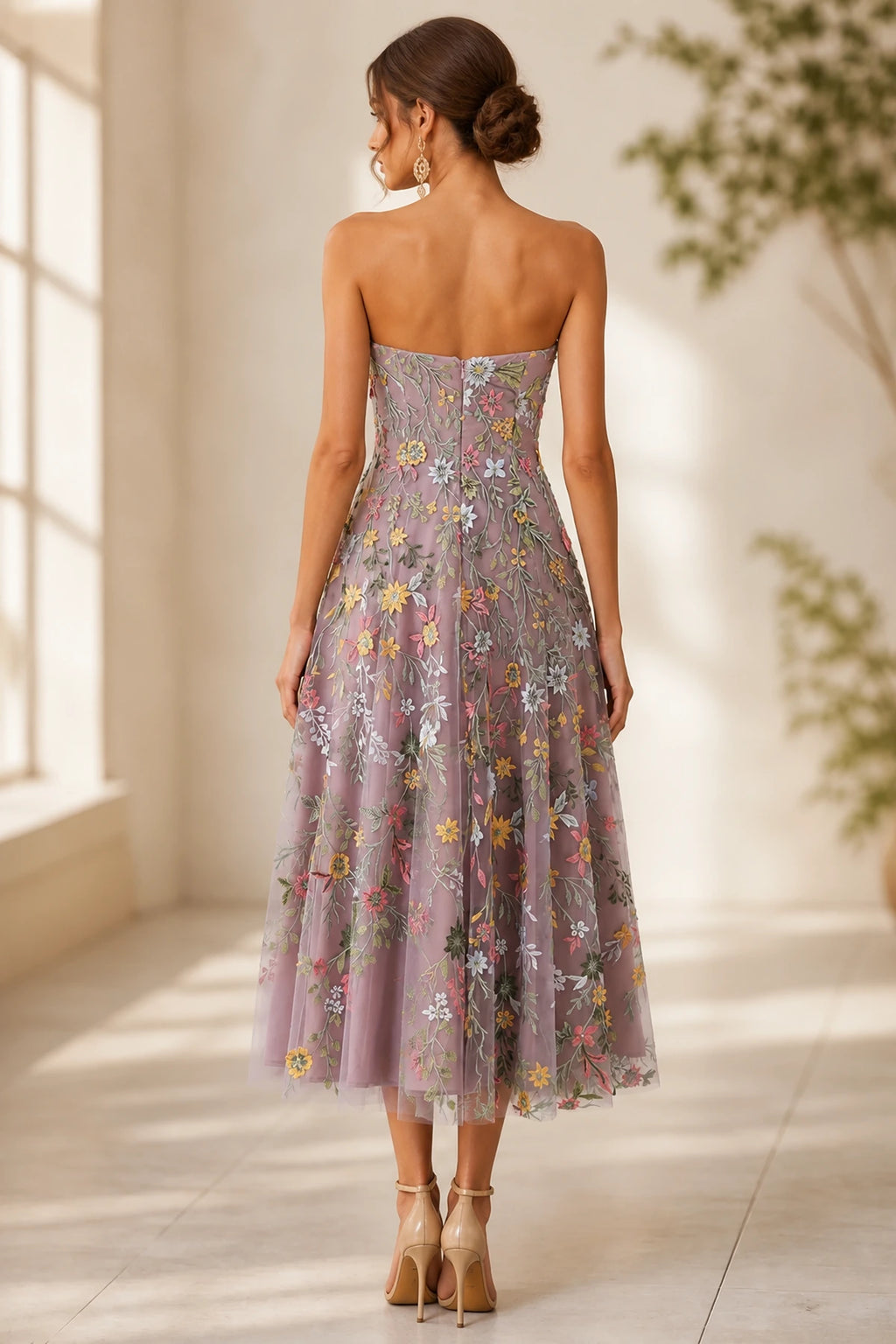 Romantic A-Line Sweetheart Strapless Zipper-Back Midi Wedding Guest Dress