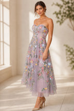 Romantic A-Line Sweetheart Strapless Zipper-Back Midi Wedding Guest Dress