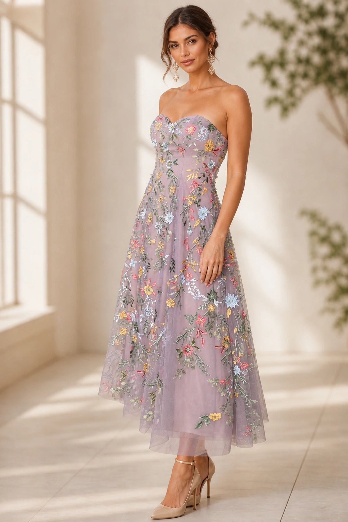 Romantic A-Line Sweetheart Strapless Zipper-Back Midi Wedding Guest Dress