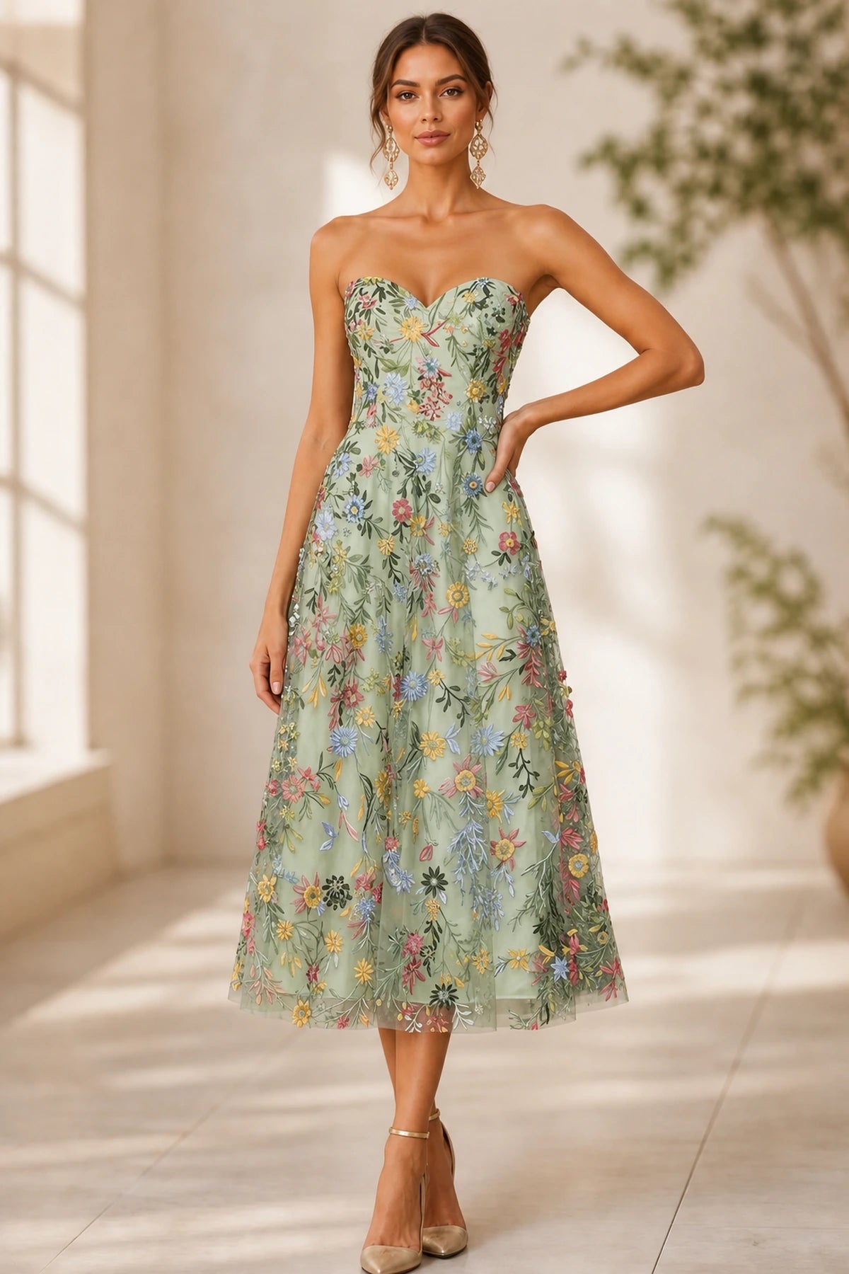 Romantic A-Line Sweetheart Strapless Zipper-Back Midi Wedding Guest Dress