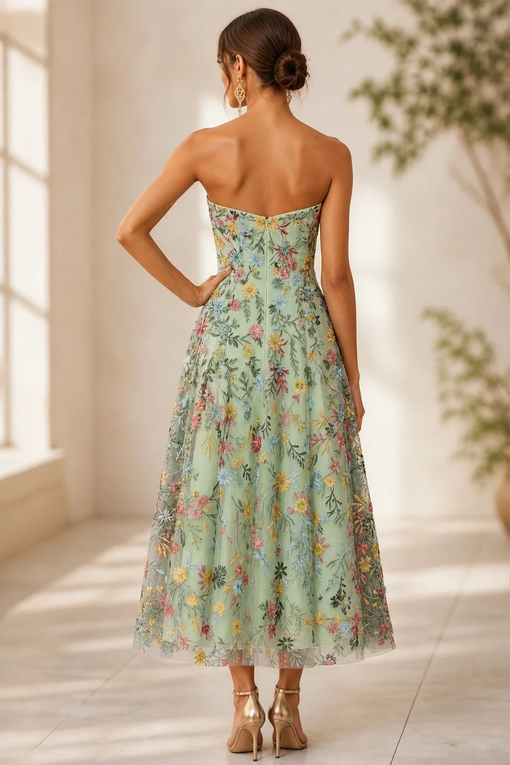 Romantic A-Line Sweetheart Strapless Zipper-Back Midi Wedding Guest Dress
