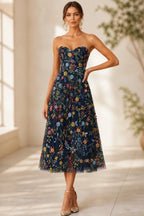 Romantic A-Line Sweetheart Strapless Zipper-Back Midi Wedding Guest Dress