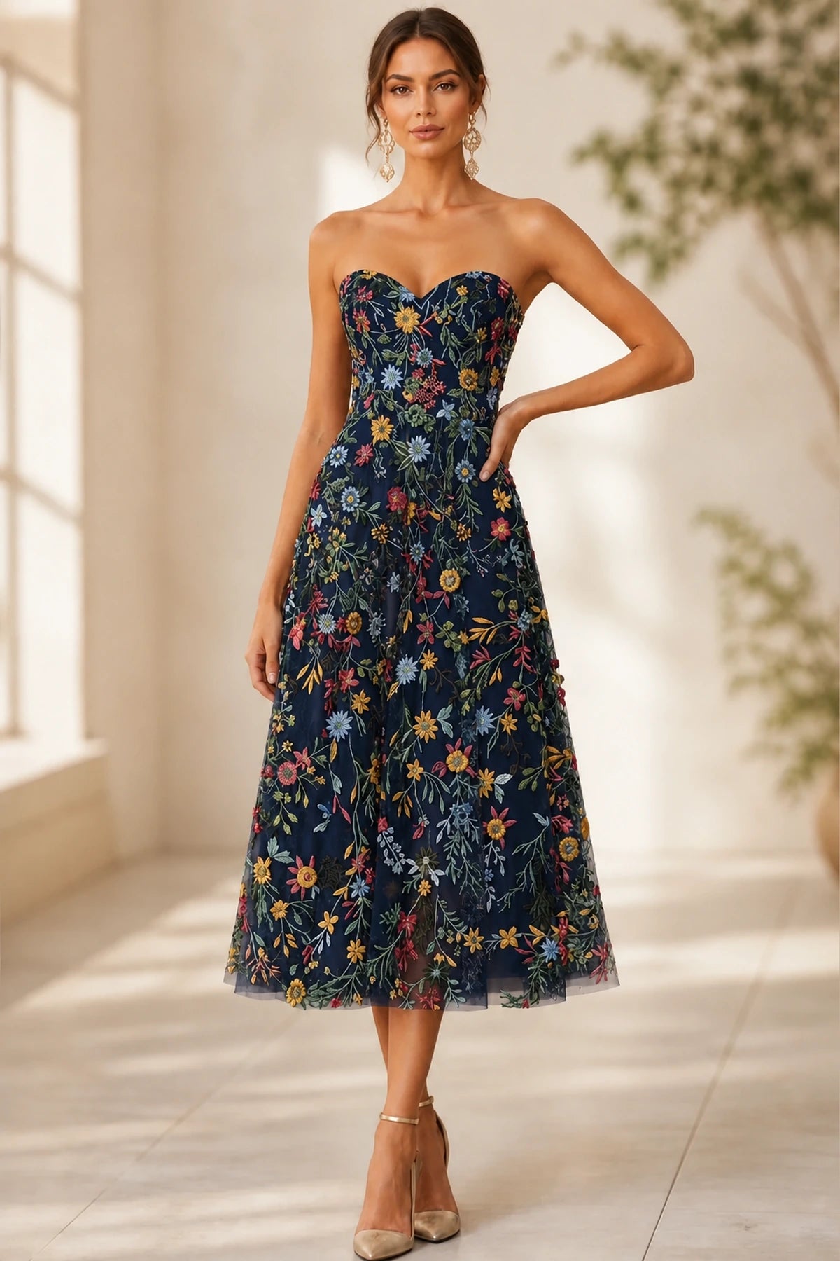Romantic A-Line Sweetheart Strapless Zipper-Back Midi Wedding Guest Dress