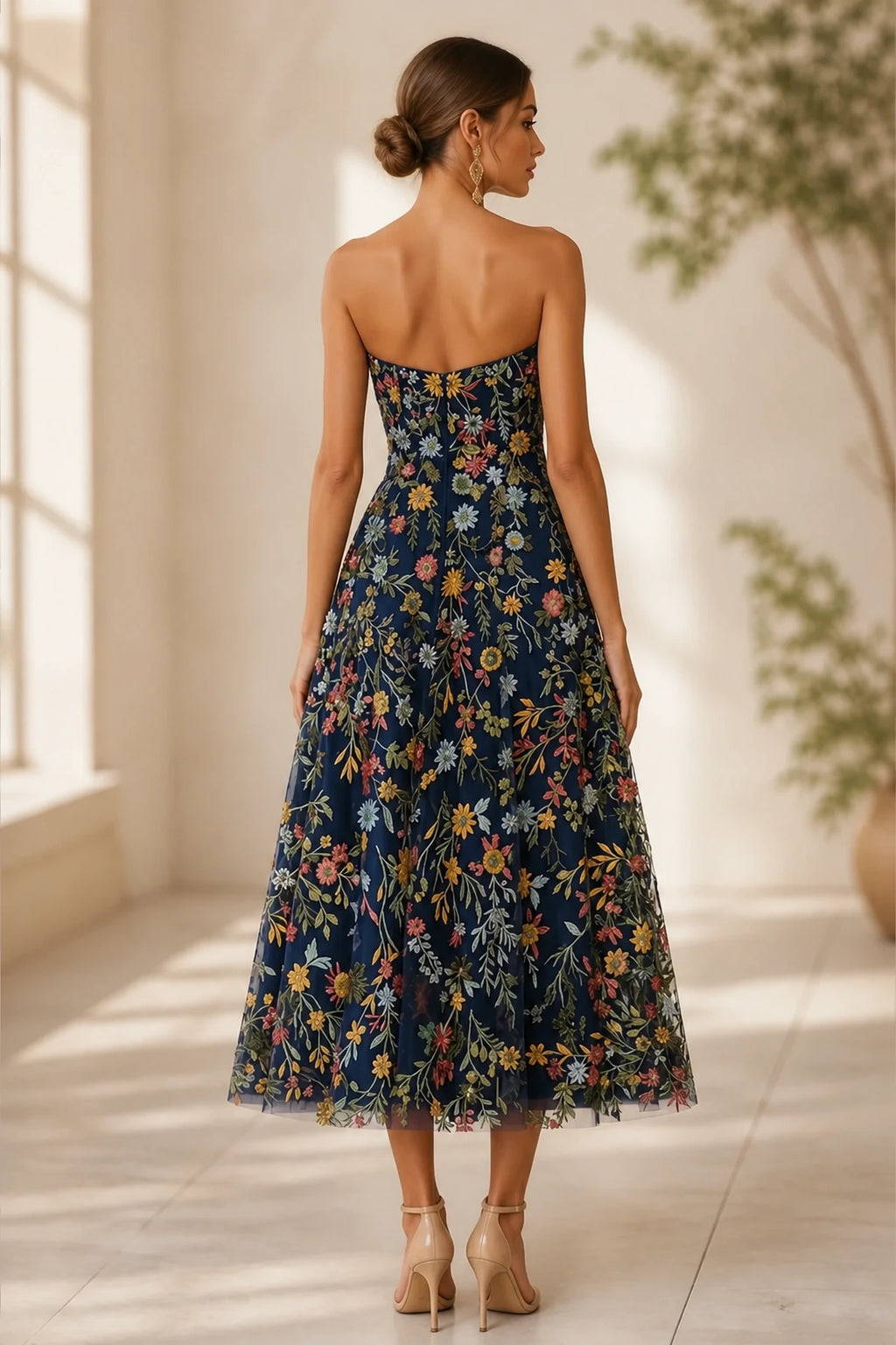 Romantic A-Line Sweetheart Strapless Zipper-Back Midi Wedding Guest Dress