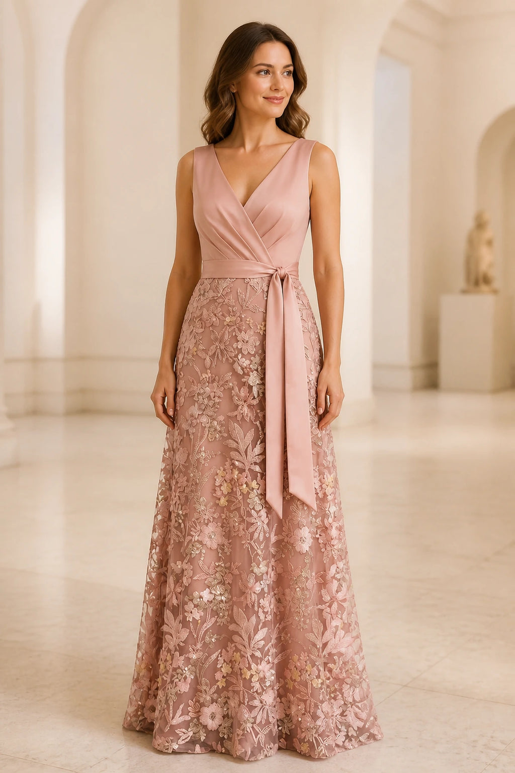 Graceprom dusty pink mother of the bride dress, V neck sleeveless a-line floral embroidery maxi gown for wedding