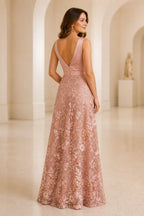 Graceprom dusty pink mother of bride gown, deep V back floral lace tulle long dress back view