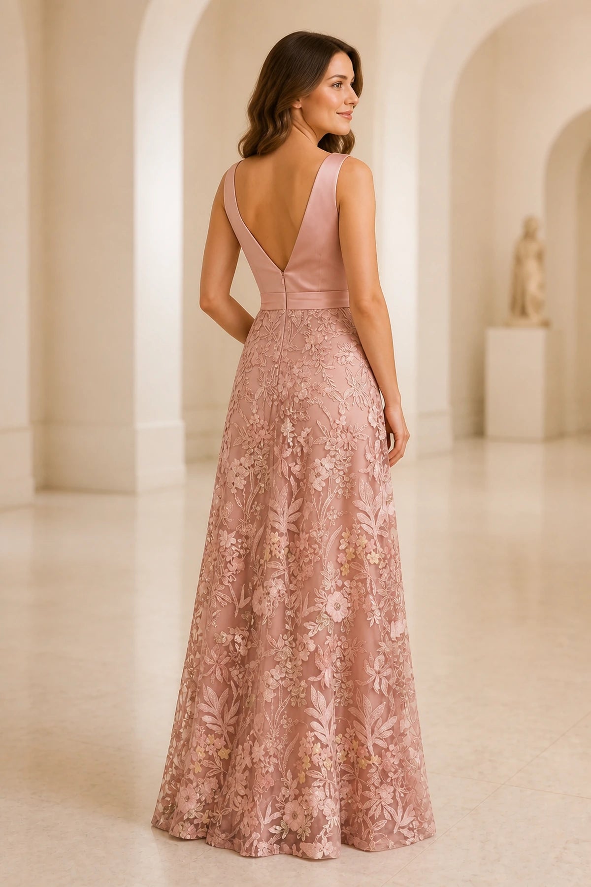 Graceprom dusty pink mother of bride gown, deep V back floral lace tulle long dress back view