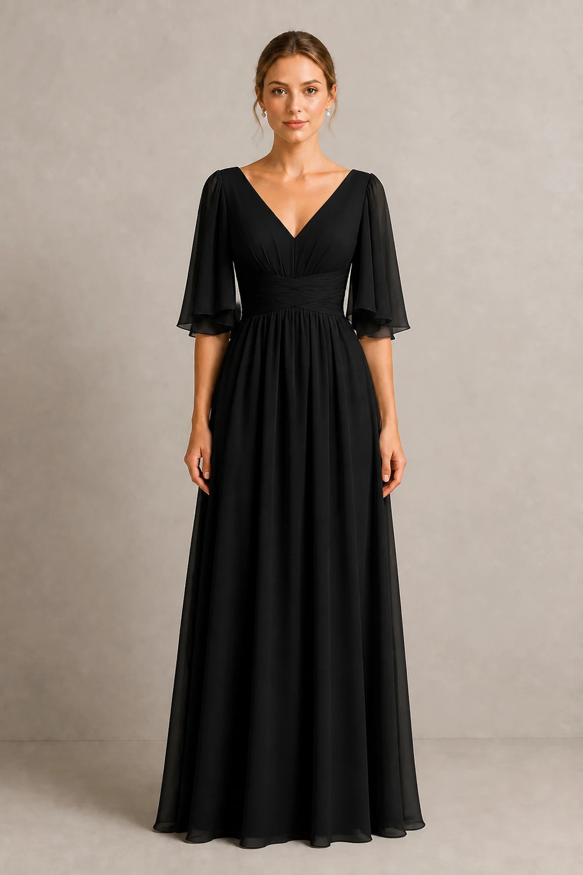 Romantic A-Line V-Neck Flutter-Sleeve Lace-Up Back Floor-Length Bridesmaid Dress