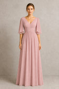 Dusty rose A-line bridesmaid dress with V-neck, flutter sleeves and ruched waist by GraceProm