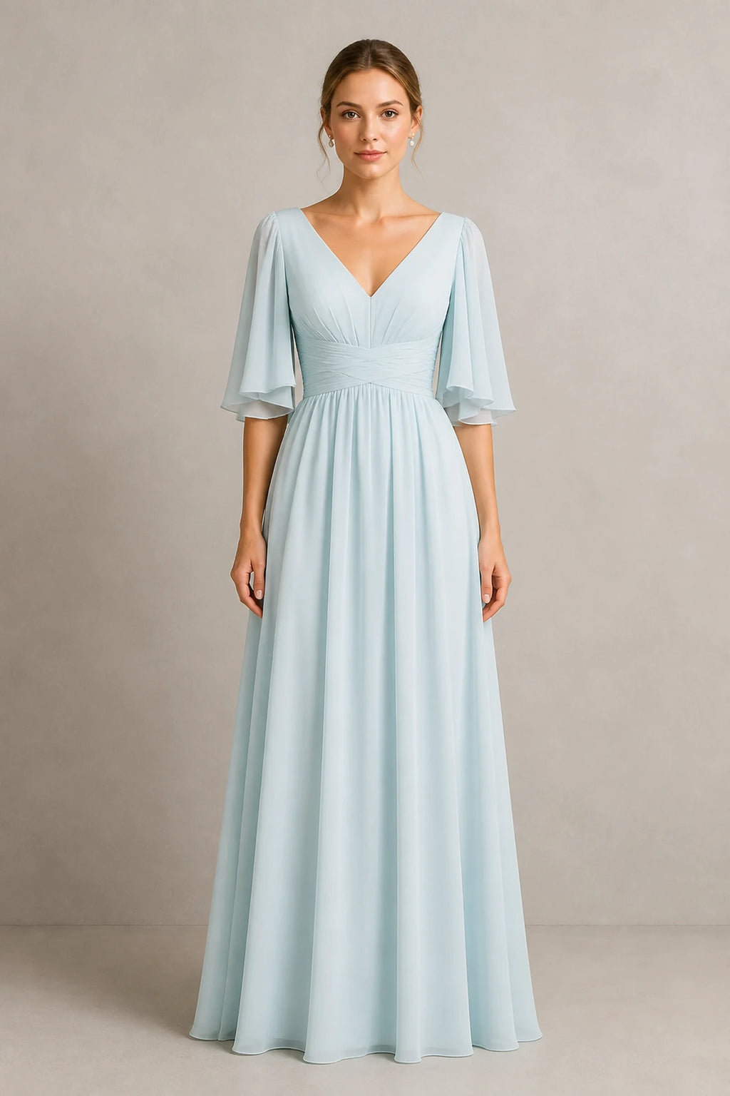 Romantic A-Line V-Neck Flutter-Sleeve Lace-Up Back Floor-Length Bridesmaid Dress