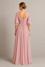 Back view of dusty rose bridesmaid dress with flutter sleeves, deep V-back and lace-up closure by GraceProm