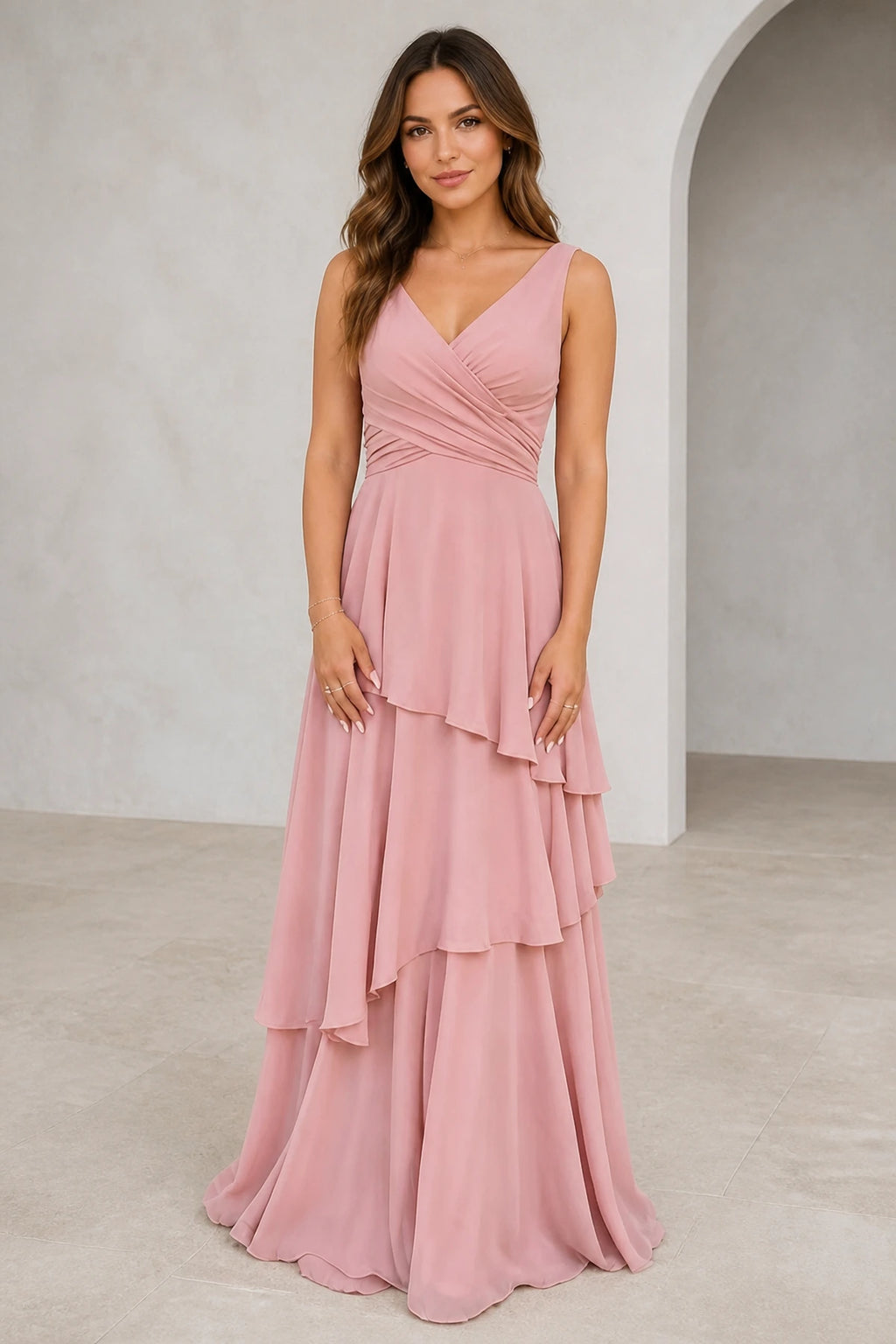 Dusty rose A-line bridesmaid dress with V-neck, ruched bodice and layered floor-length skirt by GraceProm