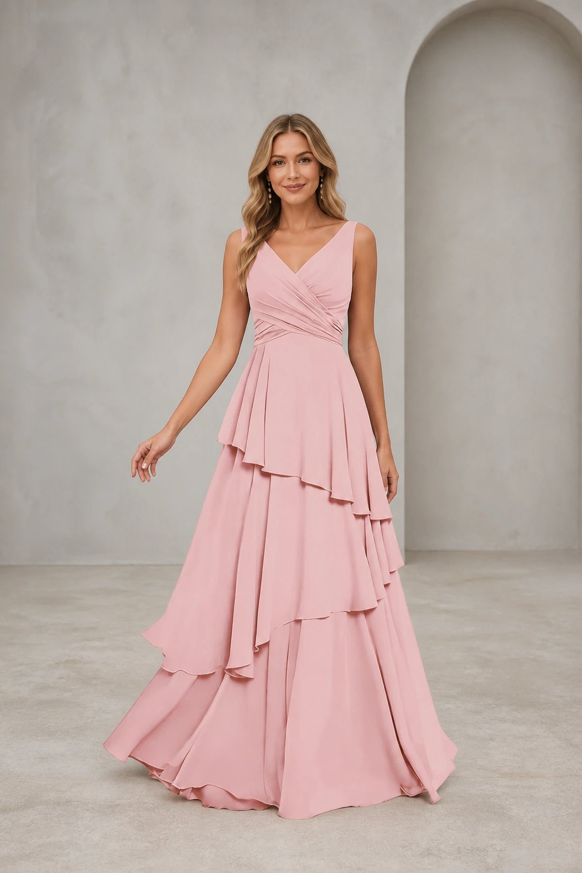 Back view of dusty rose bridesmaid dress with deep V-back and adjustable lace-up closure by GraceProm