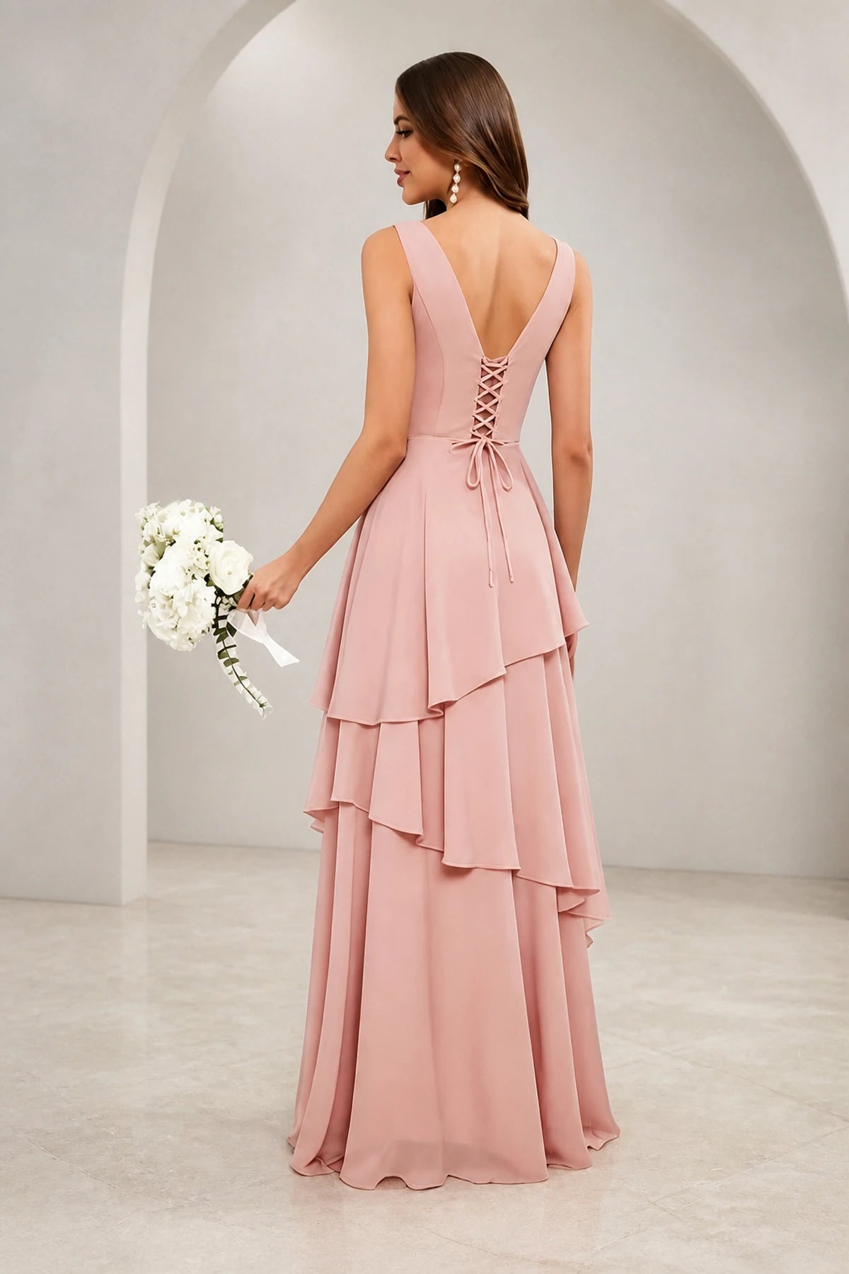 Romantic A-Line V-Neck Sleeveless Lace-Up Back Floor-Length Bridesmaid Dress