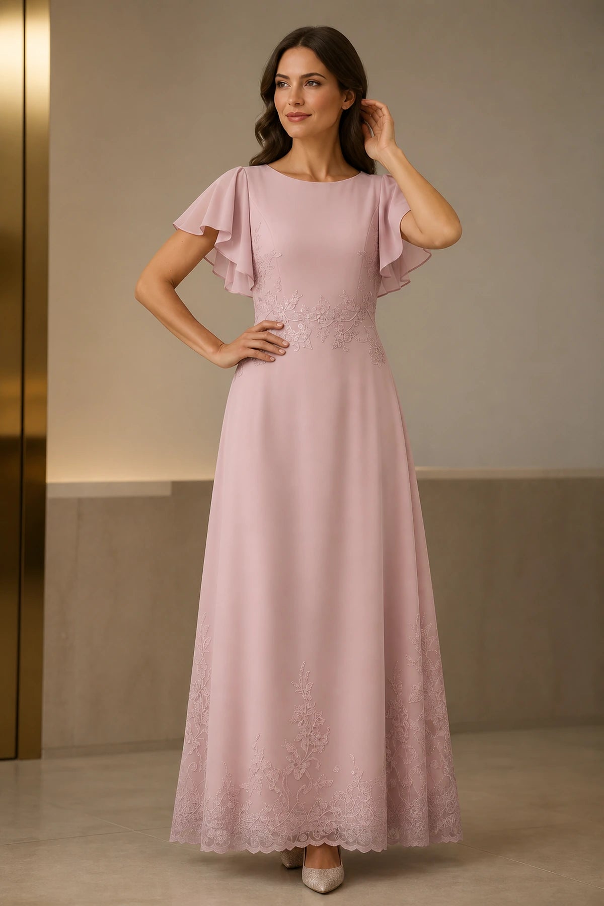 Dusty rose A-line mother of the bride dress with flutter sleeves and lace appliqué by GraceProm