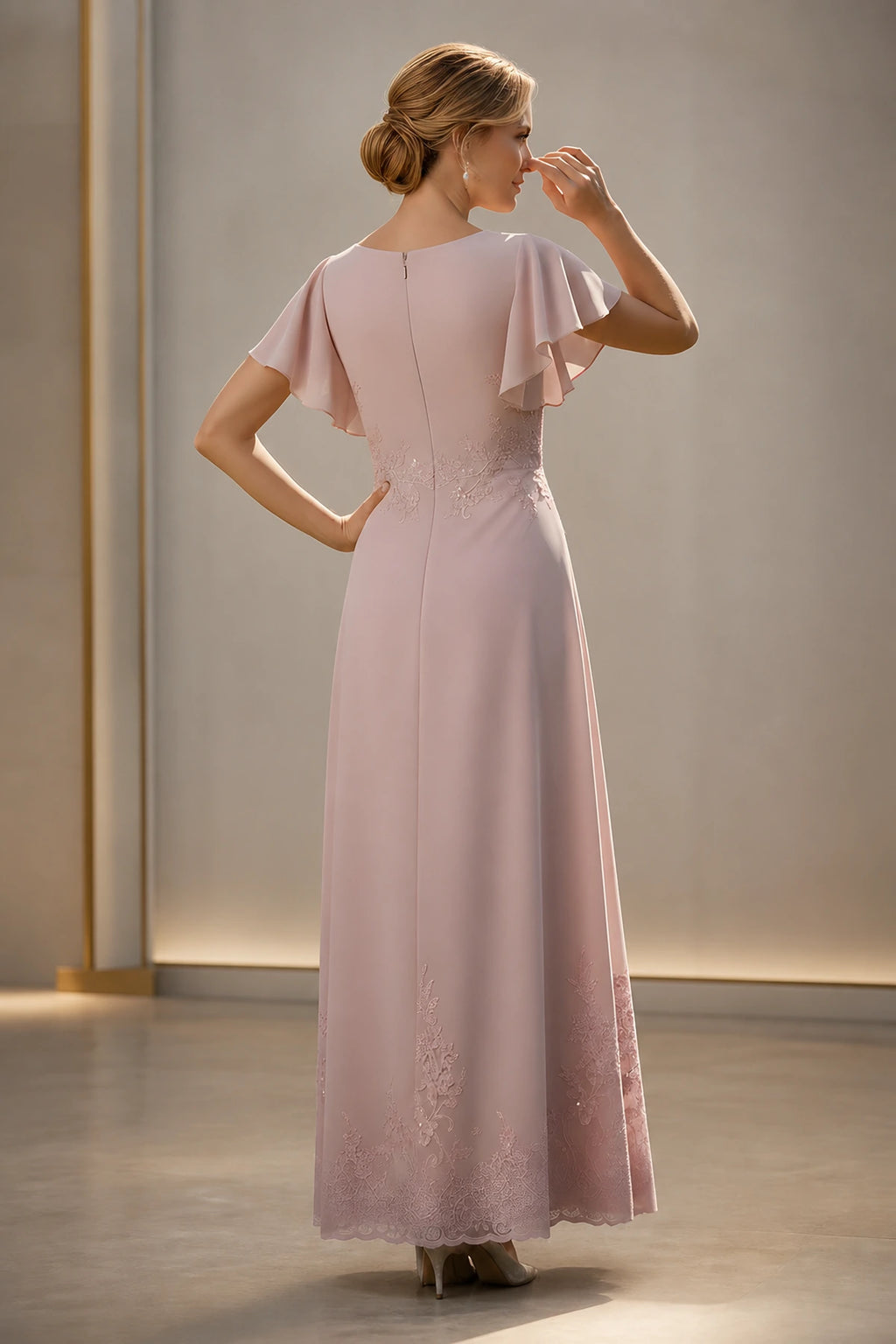 Back view of dusty rose floor-length mother of the bride dress with flutter sleeves and zipper back by GraceProm