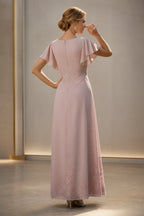 Back view of dusty rose floor-length mother of the bride dress with flutter sleeves and zipper back by GraceProm