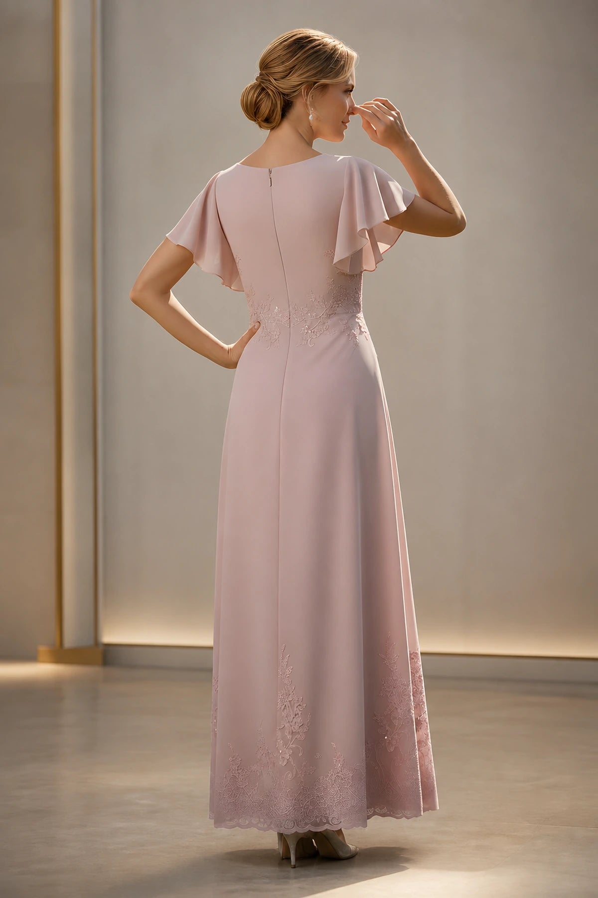 Back view of dusty rose floor-length mother of the bride dress with flutter sleeves and zipper back by GraceProm