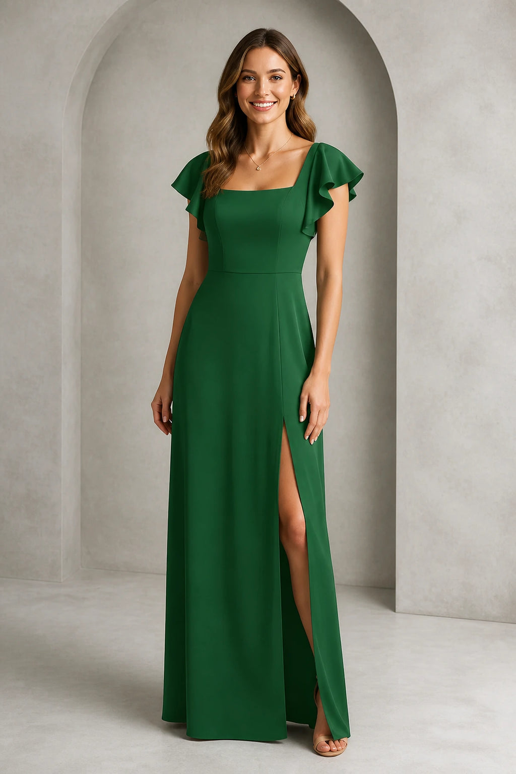 Emerald green A-line bridesmaid dress with square neckline, flutter sleeves and high side slit by GraceProm