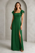 Emerald green A-line bridesmaid dress with square neckline, flutter sleeves and high side slit by GraceProm
