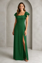 Emerald green A-line bridesmaid dress with square neckline, flutter sleeves and high side slit by GraceProm