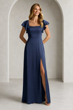 Elegant A-Line Square Neck Flutter Sleeve Scoop Back Floor Length Bridesmaid Dress