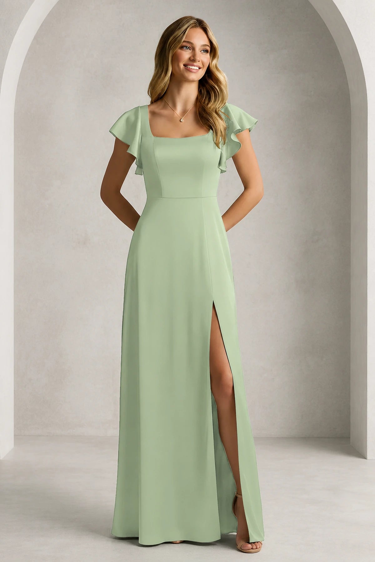 Elegant A-Line Square Neck Flutter Sleeve Scoop Back Floor Length Bridesmaid Dress