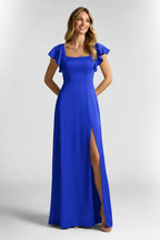 Elegant A-Line Square Neck Flutter Sleeve Scoop Back Floor Length Bridesmaid Dress