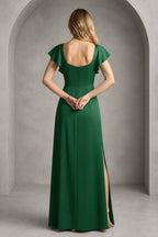 Back view of emerald green floor-length bridesmaid dress with flutter sleeves, scoop back and zipper closure by GraceProm