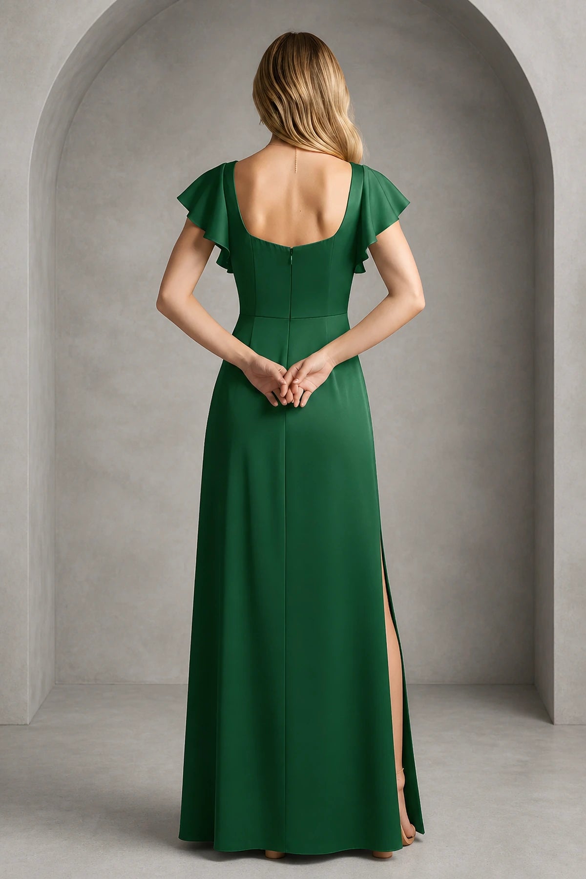 Back view of emerald green floor-length bridesmaid dress with flutter sleeves, scoop back and zipper closure by GraceProm