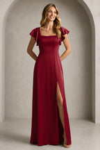 Elegant A-Line Square Neck Flutter Sleeve Scoop Back Floor Length Bridesmaid Dress