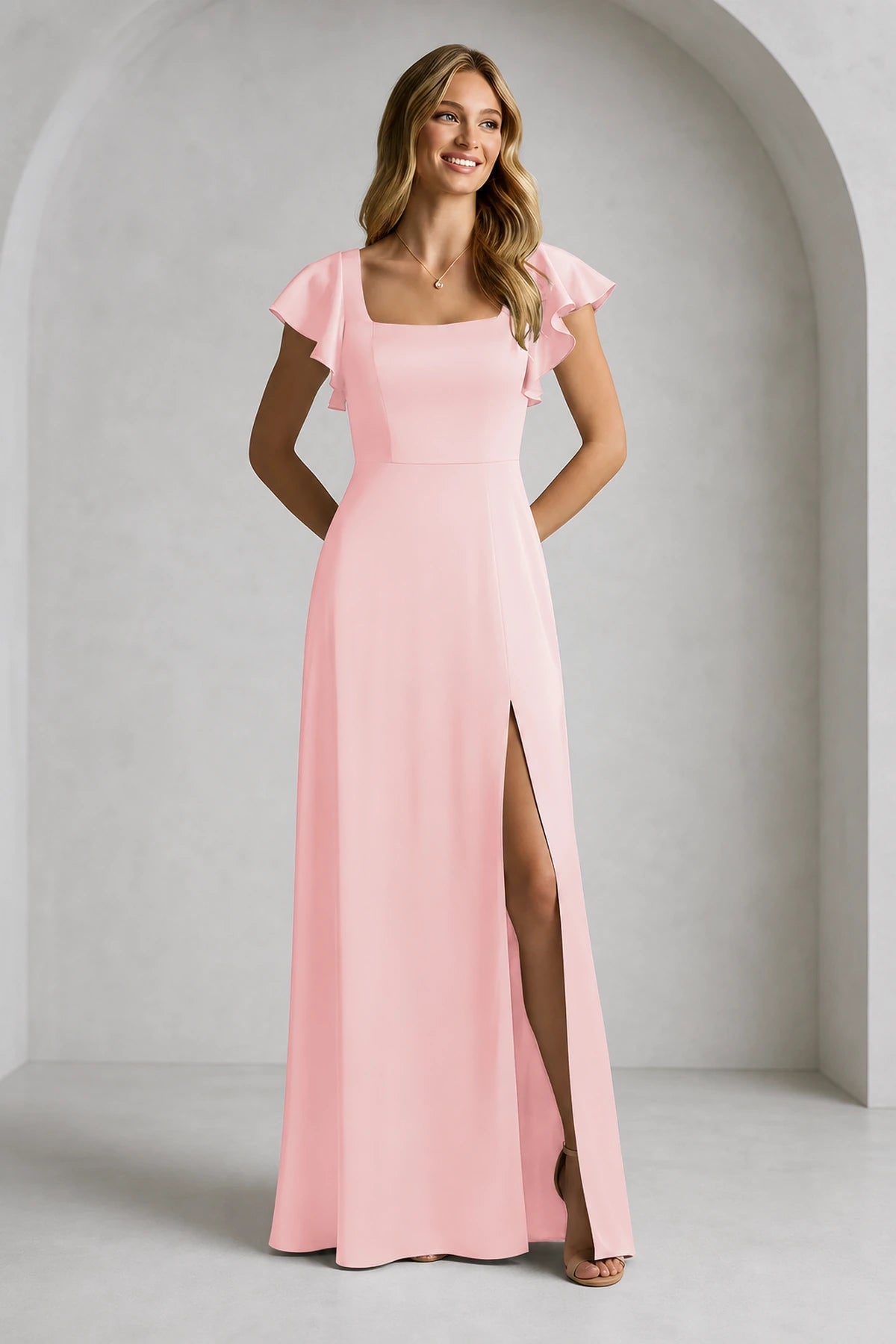 Elegant A-Line Square Neck Flutter Sleeve Scoop Back Floor Length Bridesmaid Dress