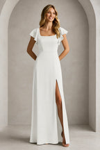 Elegant A-Line Square Neck Flutter Sleeve Scoop Back Floor Length Bridesmaid Dress