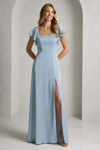 Elegant A-Line Square Neck Flutter Sleeve Scoop Back Floor Length Bridesmaid Dress