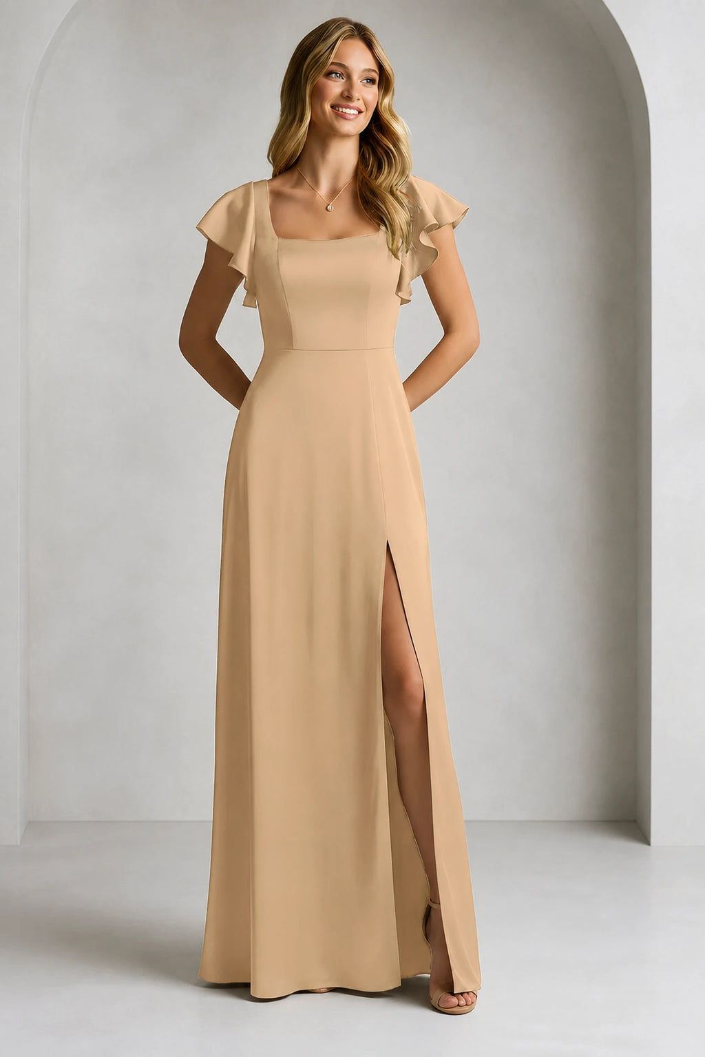 Elegant A-Line Square Neck Flutter Sleeve Scoop Back Floor Length Bridesmaid Dress