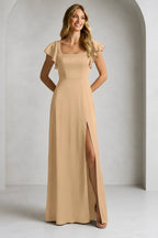 Elegant A-Line Square Neck Flutter Sleeve Scoop Back Floor Length Bridesmaid Dress