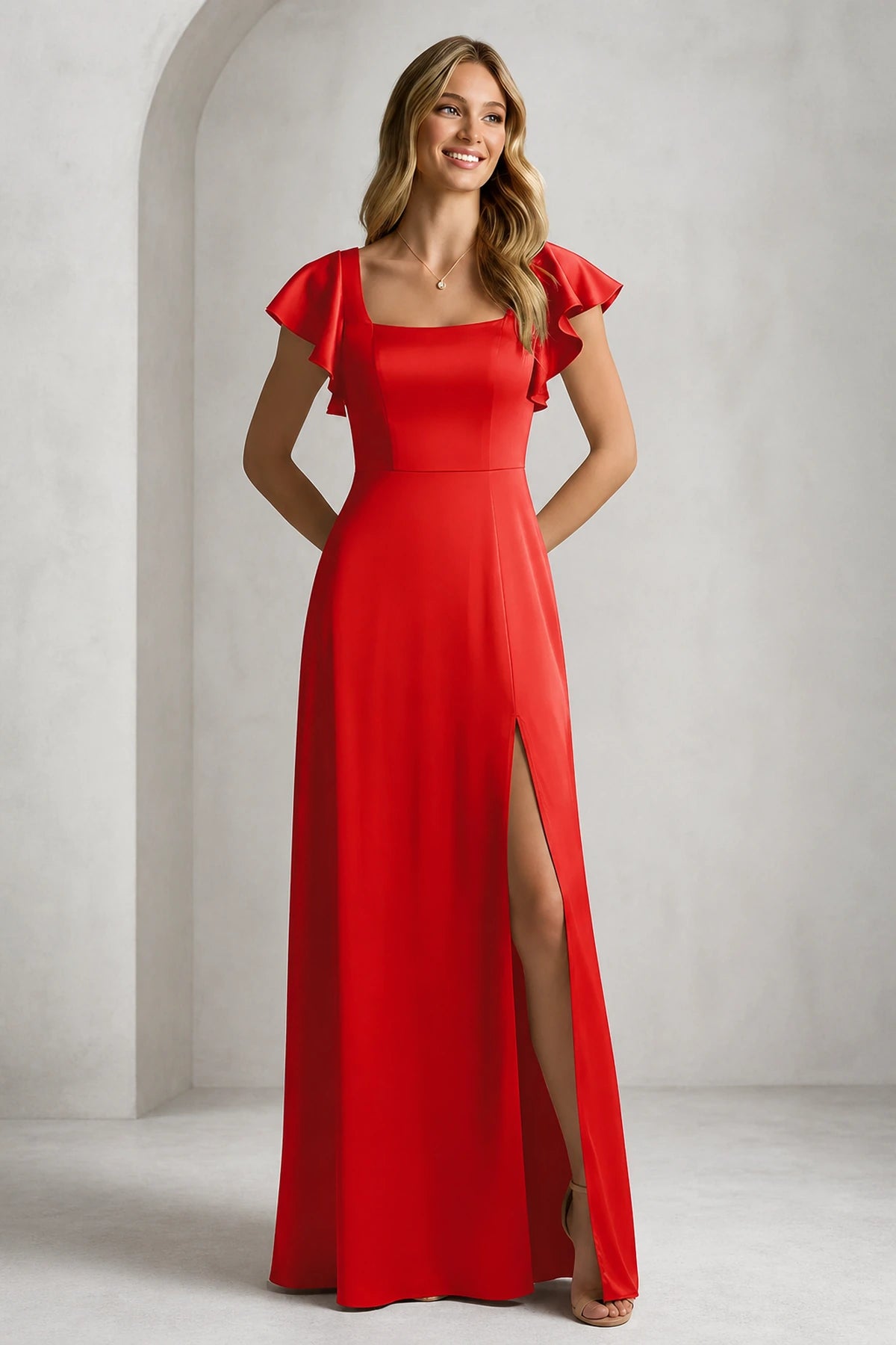 Elegant A-Line Square Neck Flutter Sleeve Scoop Back Floor Length Bridesmaid Dress