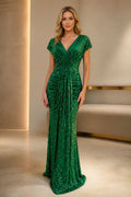 graceprom emerald green sequin mermaid prom dress front view, deep V-neck, cap sleeves, ruched crossover bodice, floor length train