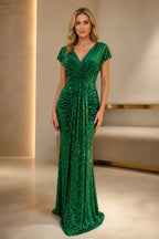 graceprom emerald green sequin mermaid prom dress front view, deep V-neck, cap sleeves, ruched crossover bodice, floor length train
